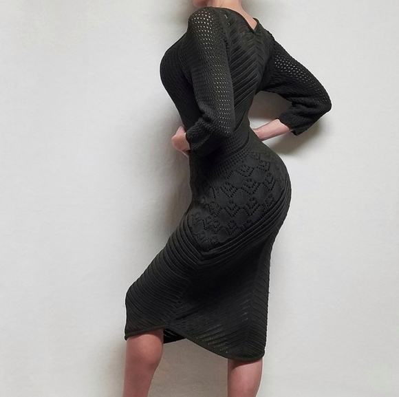 W by Worth Olive Green Open Crochet Knit Plunging Neckline Asymmetric Midi Dress - Picture 3 of 14